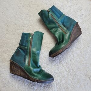 Fly London Simi Wedge Boots Women's 40 / US 9-9.5 Leather Suede Green Teal